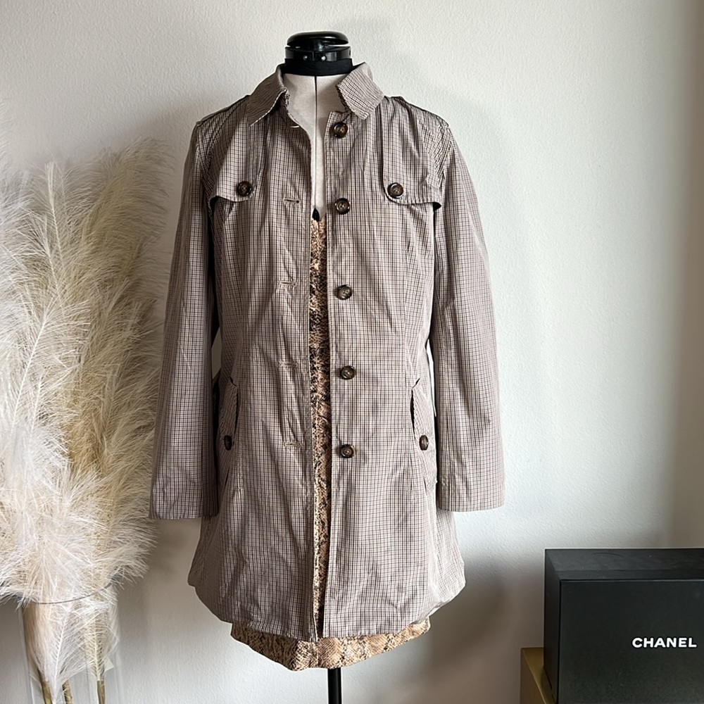 Banana Republic Checkered Neutral Plaid Tan Trench Coat - Picture 7 of 14